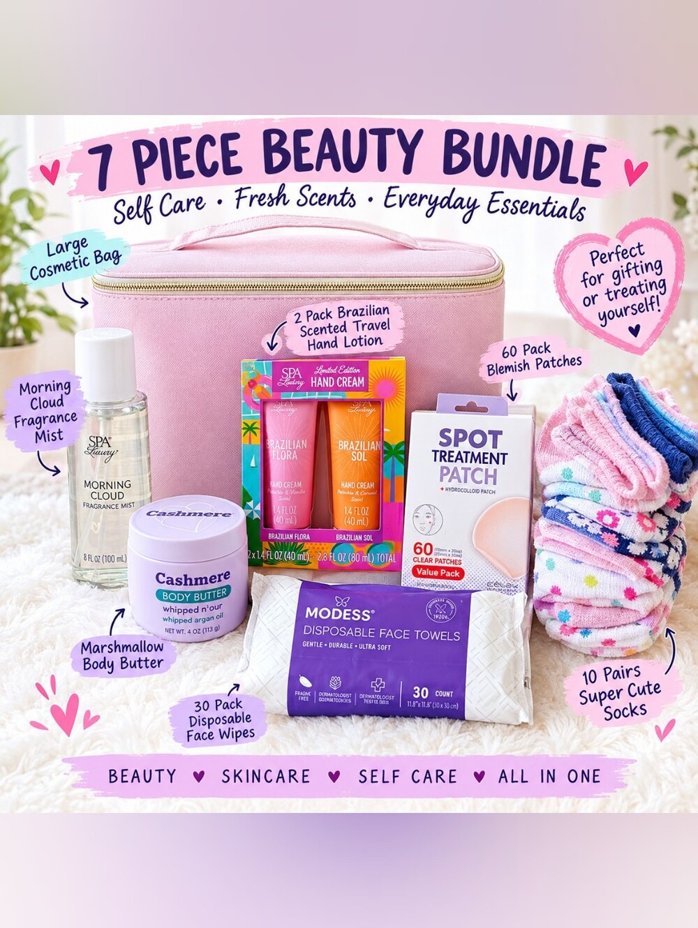 7 Piece Beauty Self Care Gift Bundle Cosmetic Bag Socks Skincare Body Care